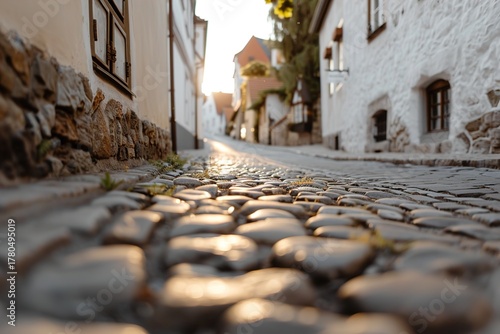 Fototapeta Naklejka Na Ścianę i Meble -  Sunlight bathes a cobblestone alley as it winds through a small, historic town. Old buildings line the street, creating a serene atmosphere during the golden hour