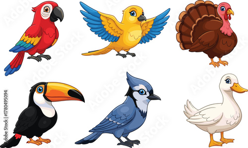 Colorful cartoon birds collection, parrot, duck, turkey, toucan, bluebird, yellow bird, tropical animal illustration, wildlife vector, cute bird set
