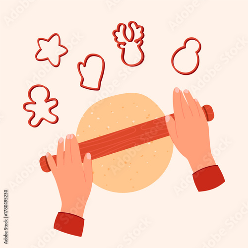Hands rolling dough with a rolling pin and knead dough. Making gingerbread cookies. Homemade baked  for the  Christmas holidays. Flat vector illustration in simple childish style