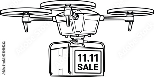 A line drawing of a drone carrying a package with the words eleven eleven sale on it in black and white