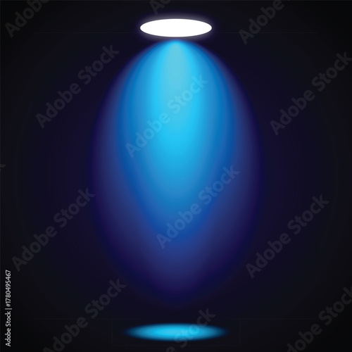 Vibrant Blue Spotlight Beam Illuminating a Dark Stage, Perfect for Presentations and Events 