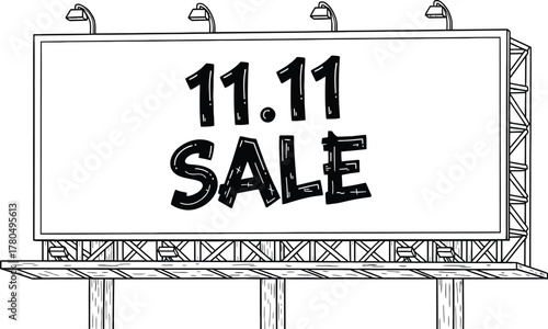 A black and white drawing of a billboard advertising the eleven eleven sale with four lights above it