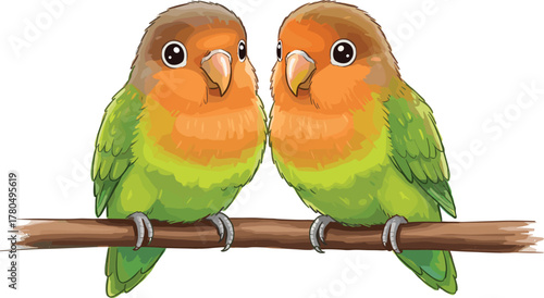 Cute lovebird couple sitting on branch, colorful tropical parrot illustration, adorable exotic pet birds vector art isolated background