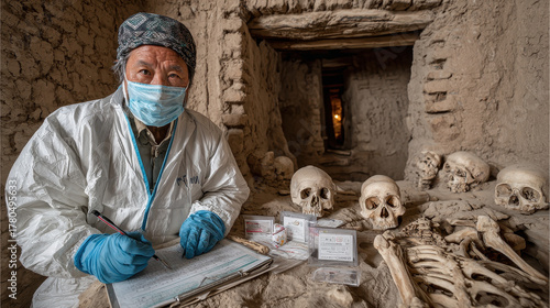 Archaeologist wearing protective suit and face mask documenting skeletal remains inside ancient mud brick tomb with human skulls and bones in dimly lit underground chamber