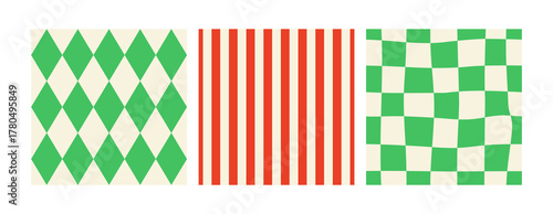 Set of abstract geometric holiday seamless patterns. Christmas vector flat backgrounds with stripes, checks and rhombuses. Festive design for wrapping paper, textiles and greeting cards