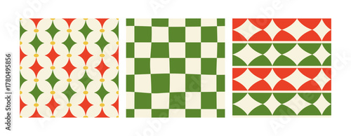 Set of abstract geometric holiday seamless patterns. Christmas vector flat backgrounds with checks and rhombuses. Festive design for wrapping paper, textiles and greeting cards