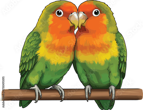 Two colorful lovebirds kissing on branch, tropical exotic parrots illustration, cute romantic green orange yellow birds vector art design