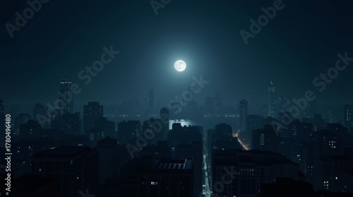Moonlit city skyline during total blackout, dark urban nightscape with soft silver light
