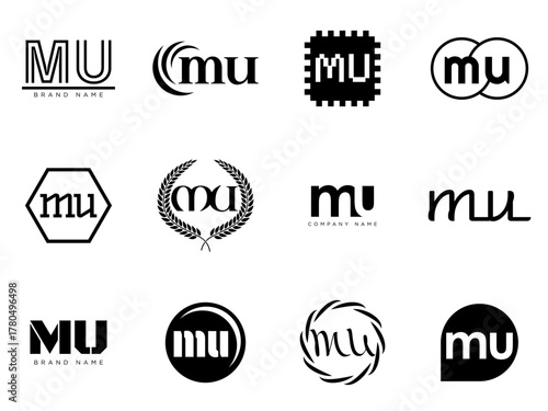 MU logo company template. Letter m and u logotype. Set different classic serif lettering and modern bold text with design elements. Initial font typography.