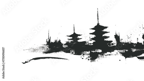Kyoto city skyline in black ink brush stroke grunge art with traditional Japanese cultural landmarks
