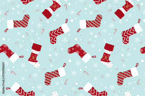 Christmas seamless pattern. Christmas cute pattern. Christmas background. Winter design with Santa Claus, reindeer, snowman, gift, snowflakes, candy cane, ginger bread, wreath for wrapping paper, card