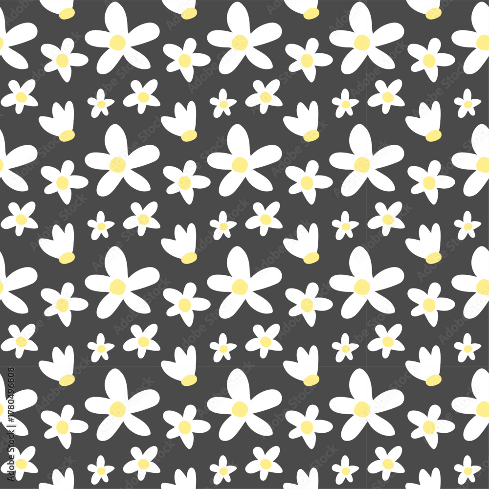 Obraz premium Ditsy Daisy Flower Seamless Pattern on Dark Background, Flat Modern design , illustration Vector EPS 10 