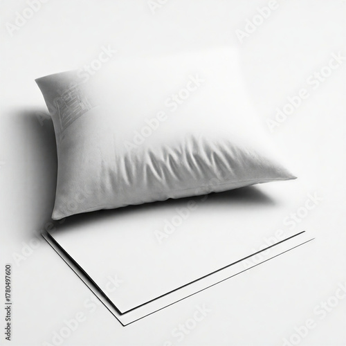 A pristine white pillow rests gently on a stack of blank sheets, symbolizing comfort, a clean slate, and the potential for new ideas or a peaceful design concept