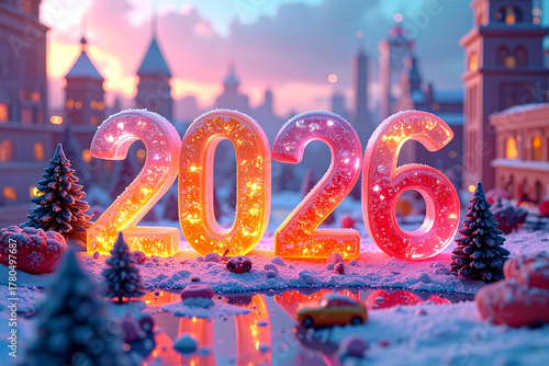 Text with the year 2026 in large letters inside a European city in a Christmas celebration atmosphere