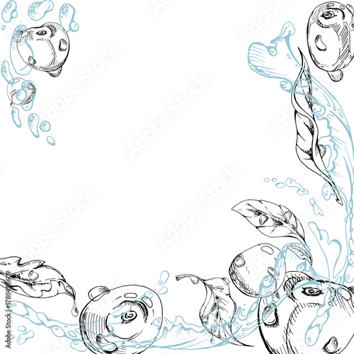 Sweet sour cherry cerise flying in water splashes drops, hand drawn vector ink, ripe line garden berry and leaves. Isolated square frame illustration. Restaurant cafe menu, farmers market, wedding