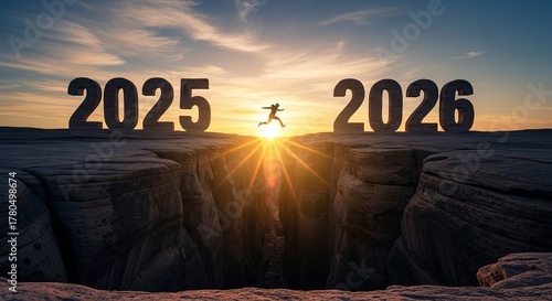 A silhouette jumping from 2025 to 2026 over a canyon at sunset, representing transition and new beginnings