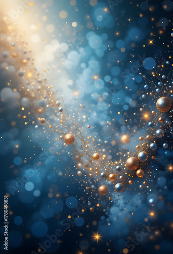 Blue and golden background with shimmering gradients, soft glow, sparkling particles and gentle mist, festive abstraction
