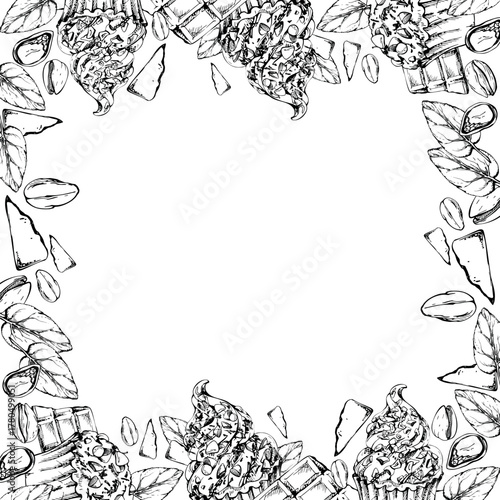 Cupcakes and muffins with rich chocolate and mint whipped cream topping, sprinkled pistachio. Hand drawn in vector ink, isolated border illustration. Culinary class poster frames, vintage menu design.