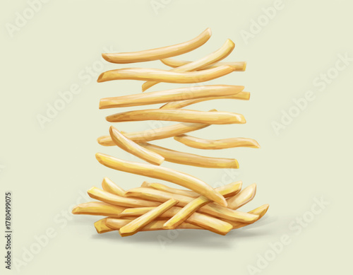 Floating Stack of Golden French Fries on Light Yellow Background