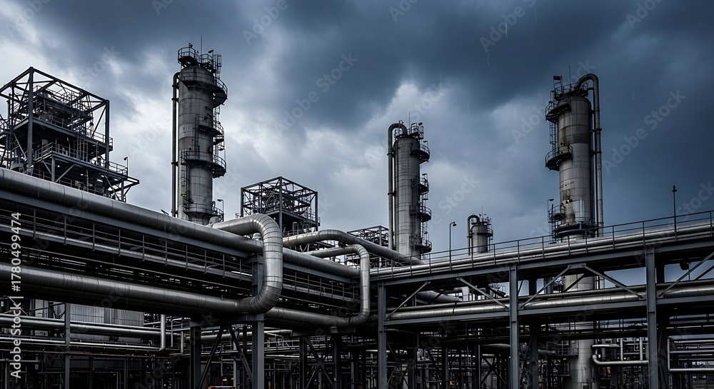 Fototapeta premium Industrial Landscape - Complex Piping and Towers Under a Stormy Sky.