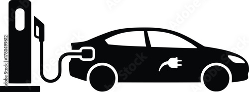 Electric car charging at a charging station isolated on white background.