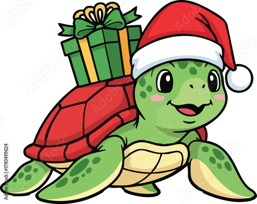 Cute Christmas turtle wearing Santa hat and carrying gift box cartoon vector illustration
