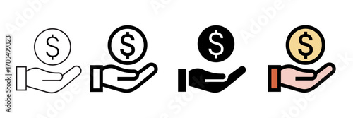 Set of minimalist financial hand icons with transparent background, depicting payment, income, donation, charity, and wealth management symbols, vector illustration