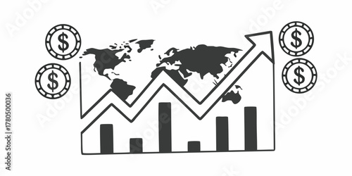 Illustration of global market growth with world map, arrow, bar graph, and dollar coins showing profit on transparent background