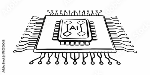 A black and white line drawing of a microchip with ai written on it and many connectors around it on transparent background