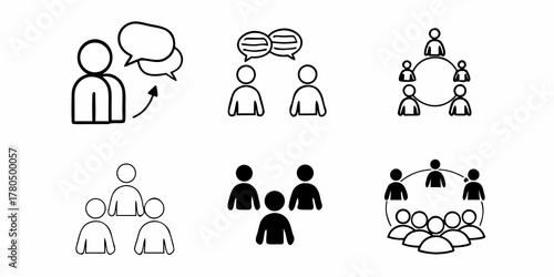 Illustrations depicting communication and collaboration among people in various arrangements and settings on transparent background