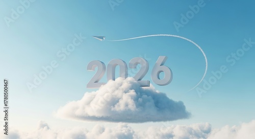 Airplane drawing 2026 in the sky above a cloud, concept for the new year and future travel