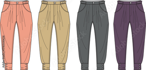 Set of four detailed fashion illustrations showcasing women's relaxed-fit casual pants in diverse color options, perfect for design and textile conceptualization