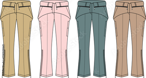 Set of four cargo pants in different neutral and pastel colors