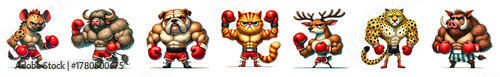 Set of strong boxing animal cartoon with muscular isolated on transparent background.