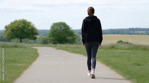Young woman in black hoodie and leggings walks along a scenic pathway surrounded by lush greenery and trees, enjoying a peaceful outdoor experience in nature