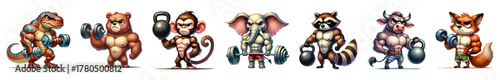 Set of muscular animals cartoon character fitness gym isolated on transparent background.