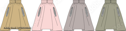 Conceptual fashion illustration of four comfortable wide-leg women's trousers, showcasing versatile design in a range of modern colors for casual apparel concepts
