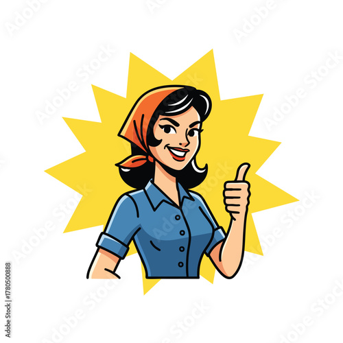 A confident cartoon woman with black hair an orange bandana and a blue shirt giving a thumbsup gesture.