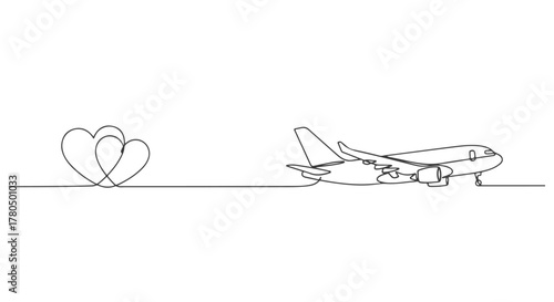 One Line Airplane with Hearts Continuous Single Line Drawing for Travel