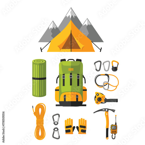 A flat design vector set of essential mountaineering and camping gear for an alpine expedition.