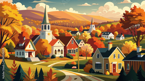 Very beautiful autumn view of Ellsworth, Maine, USA, with colorful fall foliage, tree-lined streets, and cozy small-town atmosphere under warm sunlight in a realistic seasonal landscape.