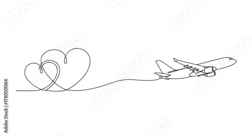 Single continuous line art of an airplane trailing two hearts, representing travel and love, in one line drawing