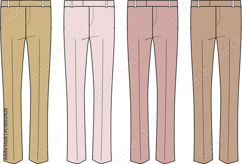 Set of four different colored casual trousers for women, displayed on a white background