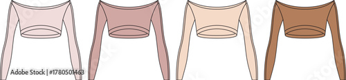 Collection of four sheer long-sleeved crop tops in different skin-tone shades, presented as a fashion mockup