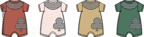 A quartet of adorable baby rompers, each featuring a playful clover design in four distinct colors deep red, soft pink, warm beige, and rich green