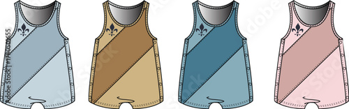 Four different colorful baby onesie pajamas with short sleeves and decorative patterns