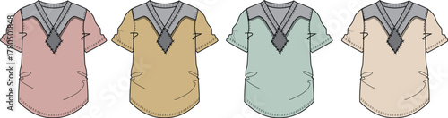 Collection of four short-sleeved tops with unique collar designs in various light colors