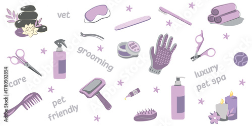 Luxury pet spa and grooming vector illustration set with lavender accessories, scissors, brushes, shampoo bottles, candles, and wellness care elements for dog and cat salon branding or pet-friendly de