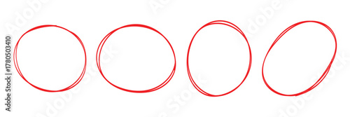 red circle highlight, pen ovals doodle. Marker ellipses frames in sketch style. Hand drawn vector illustration  . Vector circular scribble doodle round circles for message and for note mark . 
