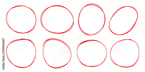 red circle highlight, pen ovals doodle. Marker ellipses frames in sketch style. Hand drawn vector illustration  . Vector circular scribble doodle round circles for message and for note mark . 